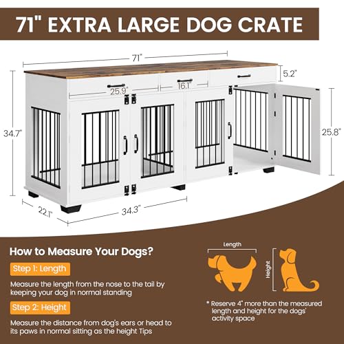 71 in Large Dog Crate Furniture for 2 Dogs with 3 Drawers, view 4