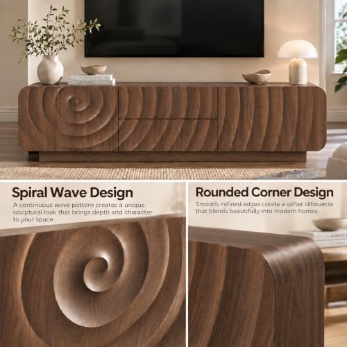 58" TV Console, Spiral Wave Design, 2 Drawers, Media Storage, Walnut, view 4