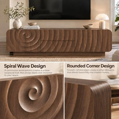 58" TV Console, Spiral Wave Design, 2 Drawers, Media Storage, Walnut, view 4