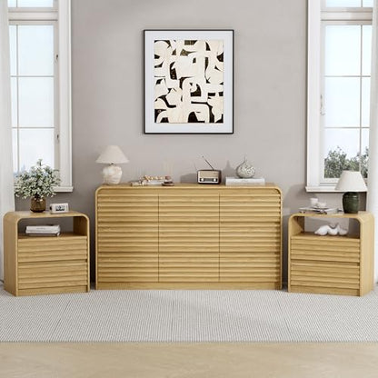 Dresser and Nightstand Sets for Bedroom, 3 Pcs Bedroom Set, Fluted 9 Drawer Dresser with Curved Profile and Night Stand Set of 2 with Charging Station, Wood Chest of Drawers, Natural Oak