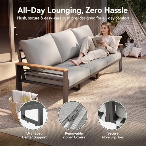 Patio Furniture Set, Aluminum Patio Set with Fire Pit Table and 5" Thicken & Washable Cushion, Waterproof Outdoor Furniture, Outdoor Couch Sectional for Backyard (7 Seats/F, Grey)