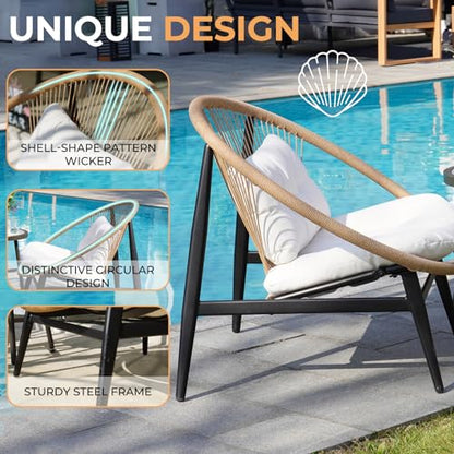 1-Piece Wicker Outdoor Chair, Patio Oversized Chair with Beige Cushion, Outdoor Furniture Set for Porch Balcony Deck Garden