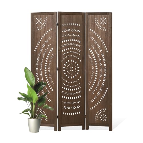 66.9Inch Folding Room Divider, 3 Panels Wood Carved Privacy Screens, view 2