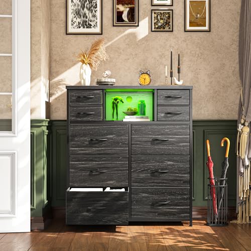 10-Drawer Tall Dresser for Bedroom, LED & Charging Station, Black, view 3