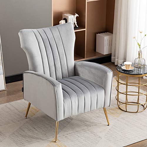 Curved Tufted Accent Chair with Metal Gold Legs Velvet Upholstered Arm Club Leisure Modern Chair for Living Room Bedroom Patio, Grey