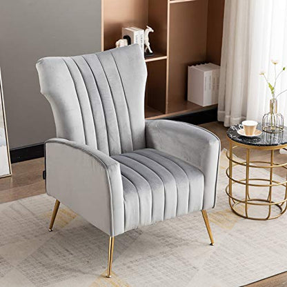 Curved Tufted Accent Chair with Metal Gold Legs Velvet Upholstered Arm Club Leisure Modern Chair for Living Room Bedroom Patio, Grey