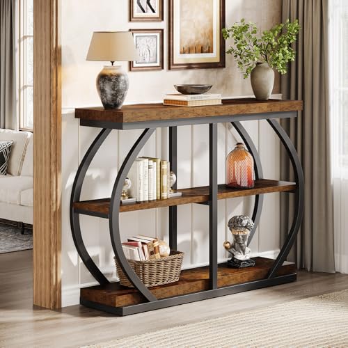Tribesigns 41.3" Console Table, Industrial 3-Tier Entryway Table with Arched Metal Frame and Storage Shelves for Living Room, Hallway, Rustic Brown