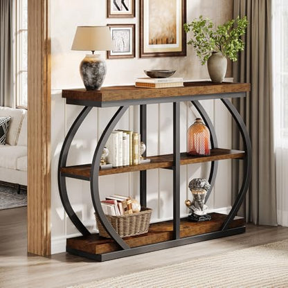 Tribesigns 41.3" Console Table, Industrial 3-Tier Entryway Table with Arched Metal Frame and Storage Shelves for Living Room, Hallway, Rustic Brown