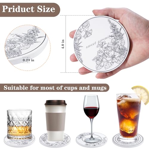 6Pcs Ceramic Coasters Set with Holder - 6 Unique Designs Absorbent Drink Mats for Coffee Table, Modern Home Decor Coasters with Cork Base Suitable for All Cups, Ideal Housewarming Gift 4 Inch