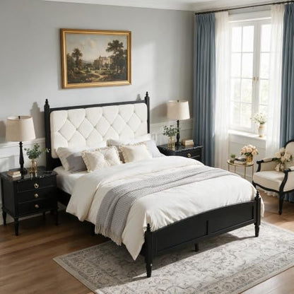 Queen Upholstered Platform Bed Frame with Tufted Headboard, Beige Black, view 7