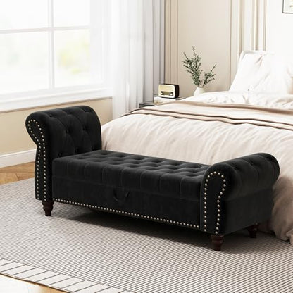 64.5" Bed Bench for Bed Room Nails Tufted Chaise of Lounge with Storage Velvet, view 3