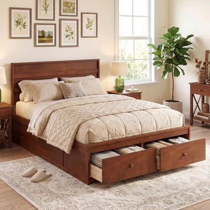 Full Size Bed Frame with Storage Drawers, Wood Platform Bed with Headboard, view 2