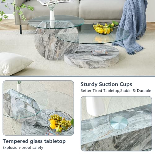 42" Glass Coffee Table｜Oval Coffee Table｜3-Tier Design with Oval Tempered Glass Tabletop｜Grey Marble Color Wooden Base｜Large Storage Space｜Smooth Edge｜Ideal for Living Room｜Easy Assembly