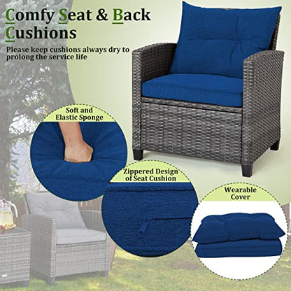 Wicker Patio Furniture Sets - 3 Pieces Patio Rattan Sofa Set, Outdoor Conversation Set with Tempered Glass Tabletop, Heavy-Duty Steel Frame, Wicker Chair Set for Poolside, Backyard, Navy