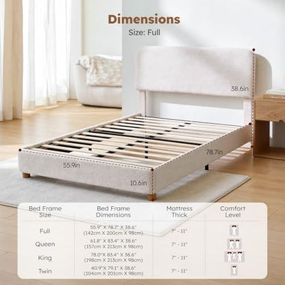 Full Size Cloud Bed Frame, Upholstered Boucle Bed Frame with Adjustable Headboard, Solid Wood Legs, Rounded Corners Design & Easy Assembly – Modern Platform Bed,Cream