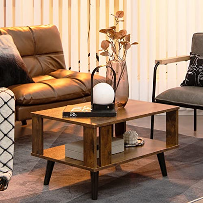 Small Wood Coffee Table, 2-Tier Tea Table w/Open Storage Shelf & Supportive Legs, Easy Assembly, Mid-Century Center Table for Living Room, Reception Room