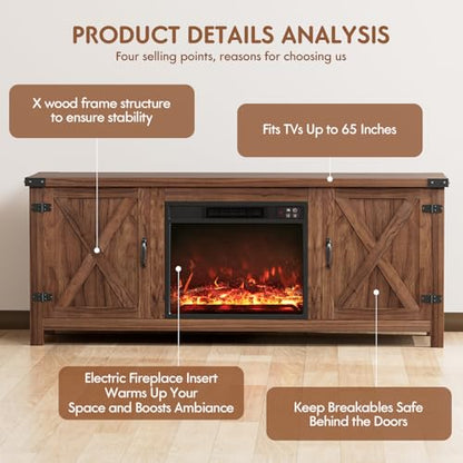 58 Inch Fireplace TV Stand for TVs up to 65 Inch, Brown, view 7