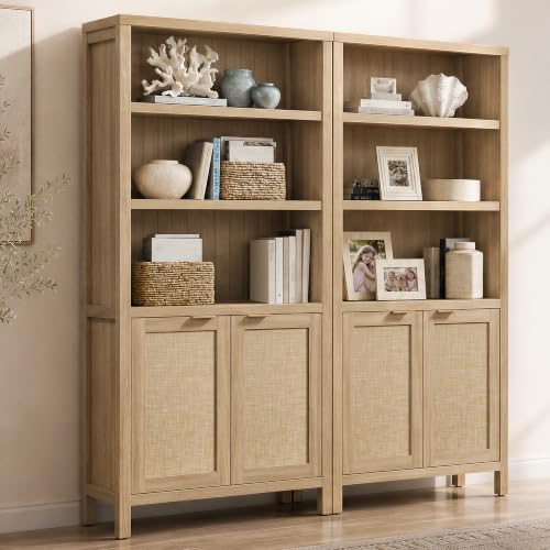 Rattan Bookshelf with Doors, Adjustable Shelves for Living Room, view 2