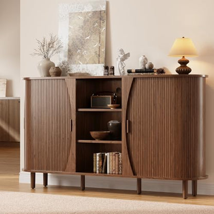 59" Curved Sideboard Cabinet with Storage Adjustable Shelf Walnut, view 2