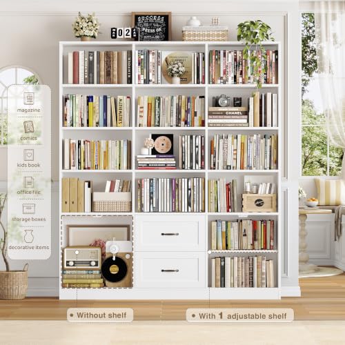 71" Tall Triple Wide Bookshelf with Storage Drawers & Doors, White, view 5