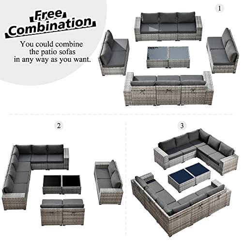 Outdoor Patio Sectional Furniture Sofa Set with Widened Armrest,12 Piece Large Modern Wicker Couch,Modular L Shaped Conversation Seating Set with Table for Out Door Garden Corner(Black)