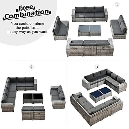 Outdoor Patio Sectional Furniture Sofa Set with Widened Armrest,12 Piece Large Modern Wicker Couch,Modular L Shaped Conversation Seating Set with Table for Out Door Garden Corner(Black)
