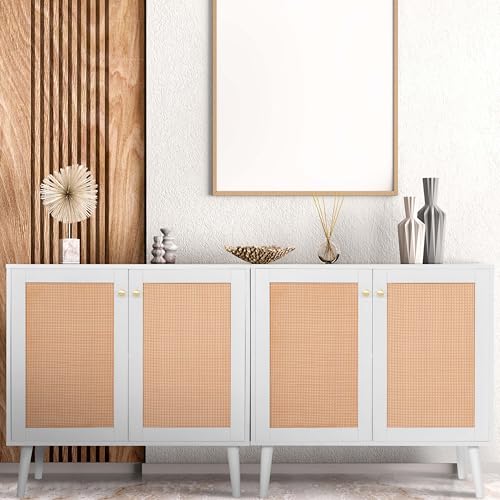 Boho Accent Storage Cabinet with Rattan Doors, Wood Grain Sideboard Buffet with Adjustable Shelves for Kitchen, Dining Room, Hallway, Living Room, Entryway, Coffee Bar, White