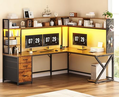 L Shaped Desk with Hutch and 3 Drawers, Convertible 94.5" Computer Desk with File Drawer, L Shaped Office Desk with Power Outlet, LED Lights, Storage and Pegboard for Home Office, Brown