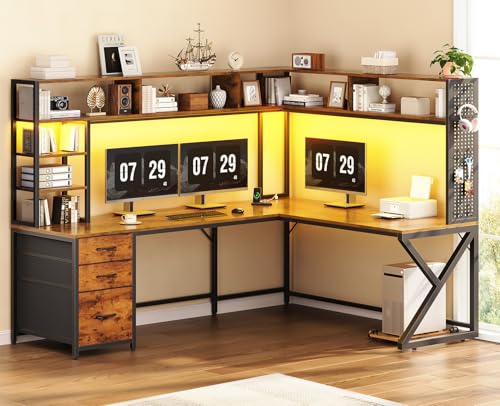 L Shaped Desk with Hutch and 3 Drawers, Convertible 94.5" Computer Desk with File Drawer, L Shaped Office Desk with Power Outlet, LED Lights, Storage and Pegboard for Home Office, Brown