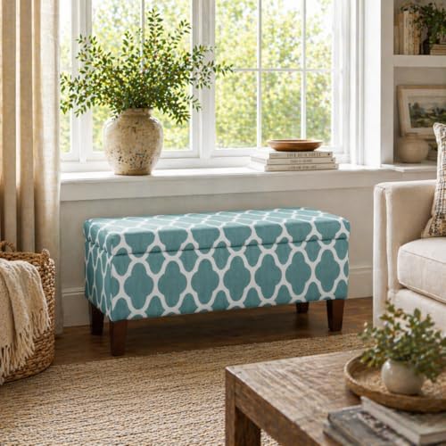 36" Storage Ottoman Bench with Hinged Lid - Teal Geometric
