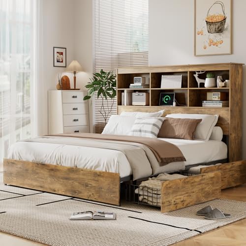 King Size Bed Frame with 50" Tall Storage Bookcase Headboard, view 2