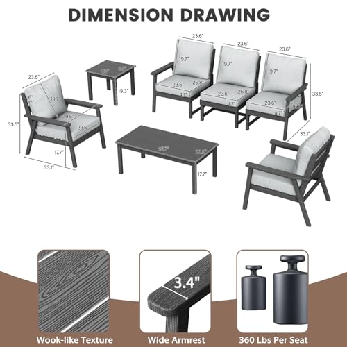 HDPE Patio Furinture Set, 6 Piece Sectional Sofa Outdoor Furniture Set, All Weather Outdoor Couch Set Patio Conversation Set for Deck, Lawn, Grey
