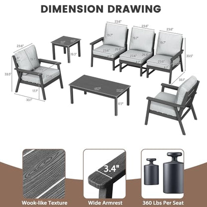 HDPE Patio Furinture Set, 6 Piece Sectional Sofa Outdoor Furniture Set, All Weather Outdoor Couch Set Patio Conversation Set for Deck, Lawn, Grey