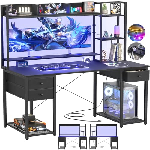 Desk with LED and Outlets, Gaming Desk with Hutch, view 2