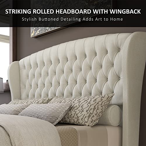 Queen Size Upholstered Sleigh Bed Frame with Wingback Headboard, view 6