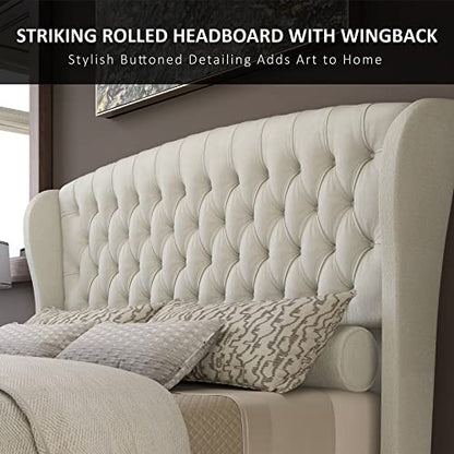 Queen Size Upholstered Sleigh Bed Frame with Wingback Headboard, view 6