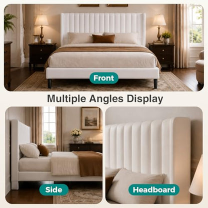 Upholstered Queen Bed Frame with Headboard Platform Beds Beige, view 7