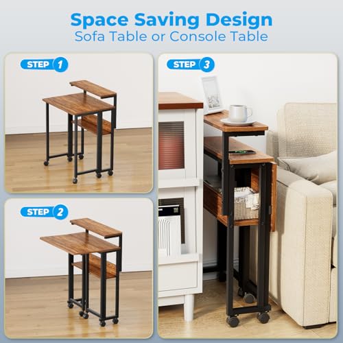 Folding Desk with Adjustable Monitor Stand and Storage Shelf, 24.8in Small Desk with Wheels, Mobile Rolling Table for Small Spaces, Home Office, Walnut