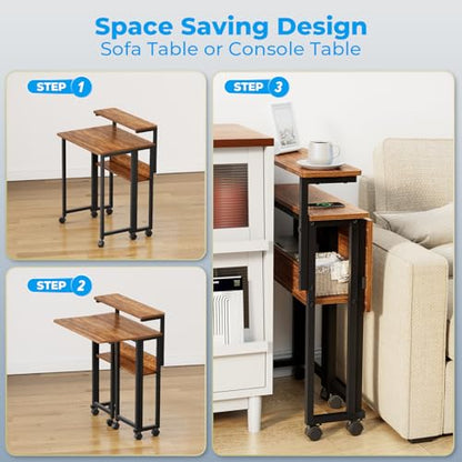 Folding Desk with Adjustable Monitor Stand and Storage Shelf, 24.8in Small Desk with Wheels, Mobile Rolling Table for Small Spaces, Home Office, Walnut