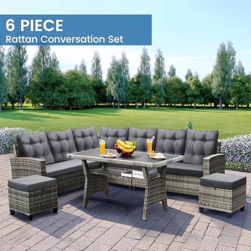 6 Piece Patio Furniture Set, Dining and Conversation Set, Grey | UV Treated Wicker, Machine Washable Cushions, Seats 7, 2 Ottomans, 3 Sofa Section, Dining Table, Rustproof Frame