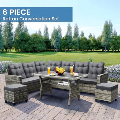 6 Piece Patio Furniture Set, Dining and Conversation Set, Grey | UV Treated Wicker, Machine Washable Cushions, Seats 7, 2 Ottomans, 3 Sofa Section, Dining Table, Rustproof Frame