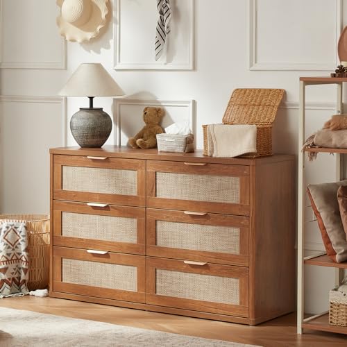 Rattan 6 Drawer Dresser for Bedroom, Boho 48" Wide Wooden Dark Dresser Chest of Drawers, Dressers TV Stand with Metal Handle, Storage Dressers Closet Organizer for Living Room, Hallway
