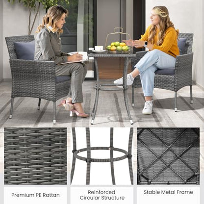 3 Pieces Patio Furniture Set, PE Rattan Outdoor Conversation Set with Tempered Glass Table & Soft Cushions, Wicker Bistro Set for Garden, Porch, Balcony (Grey)