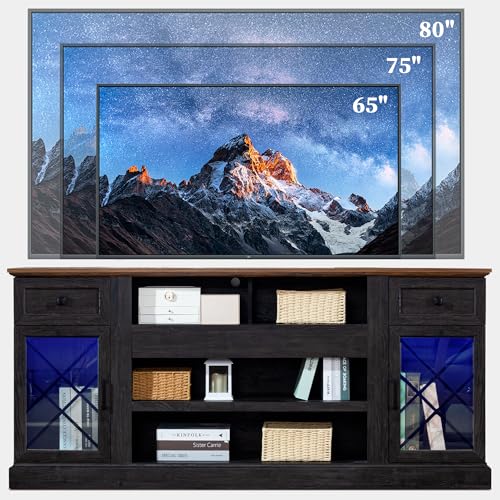 70 Inch Farmhouse TV Stand Table for 75 80 inch TV, Modern Entertainment Center with LED Lights and 2 Drawers, Wooden TV Stands for Living Room (Espresso)