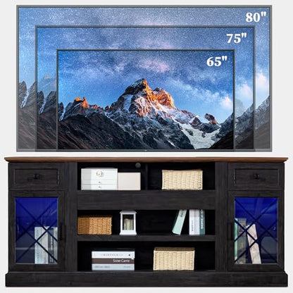 70 Inch Farmhouse TV Stand Table for 75 80 inch TV, Modern Entertainment Center with LED Lights and 2 Drawers, Wooden TV Stands for Living Room (Espresso)