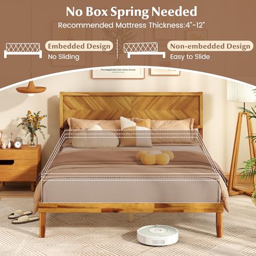 Wood Queen Bed Frame, Acacia Wooden Platform Bed Frame with Headboard, view 8