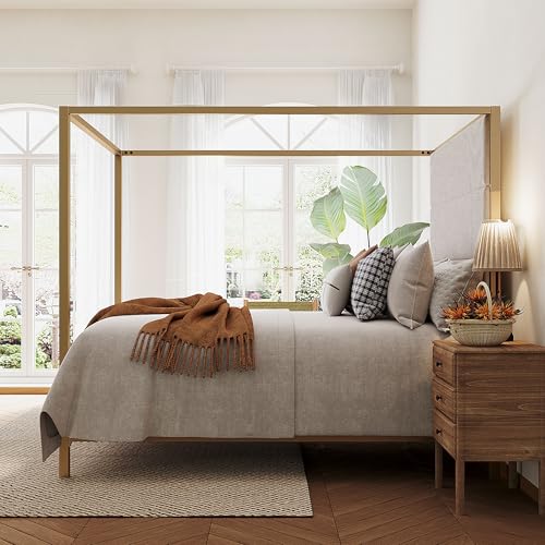 Queen Size Gold Metal Canopy Bed Frame, 76.5" Tall Linen Upholstered Headboard, view 2