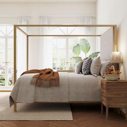 Queen Size Gold Metal Canopy Bed Frame, 76.5" Tall Linen Upholstered Headboard, view 2