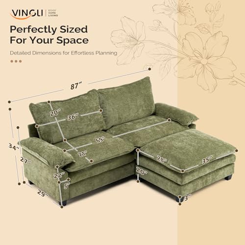 87" Convertible Sectional Sofa,L-Shaped Deep Seat Sofa Couch for Living Room,Modern 2-Seat Loveseat Sofa with Ottoman for Small Space(Olive Green)
