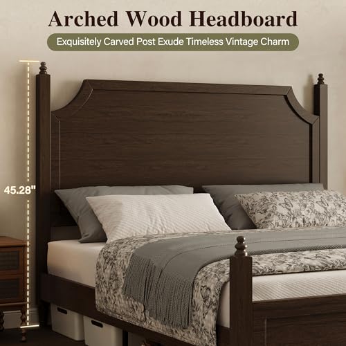 Wood Queen Size Bed Frame with Vintage Curved Headboard, Walnut, view 6